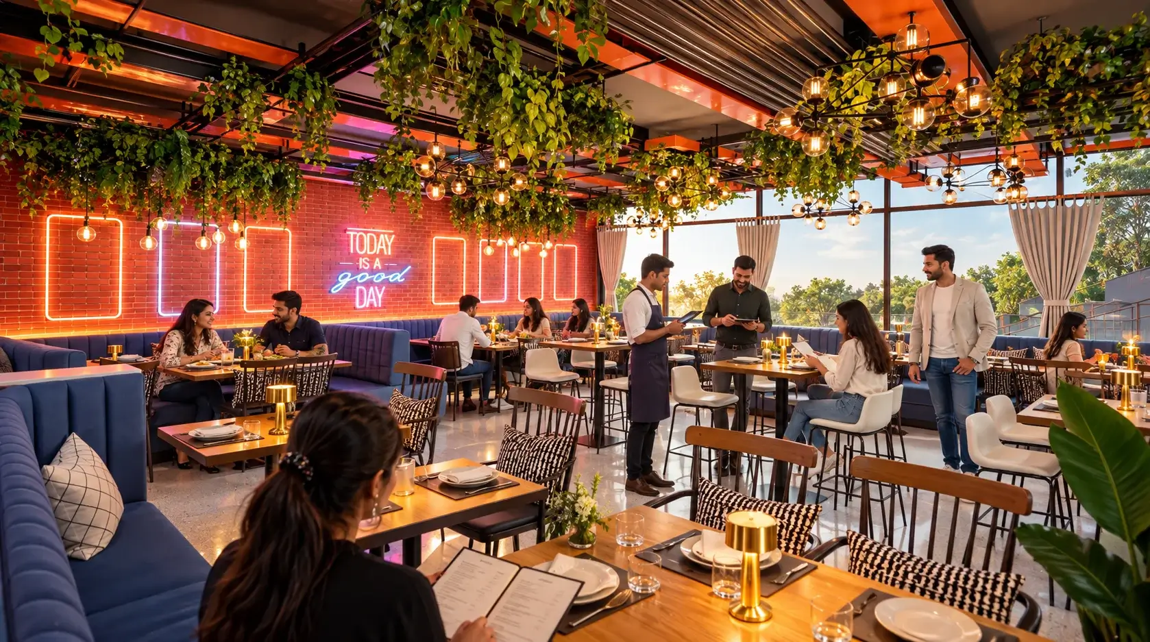 Restaurant interior with greenery and neon lights