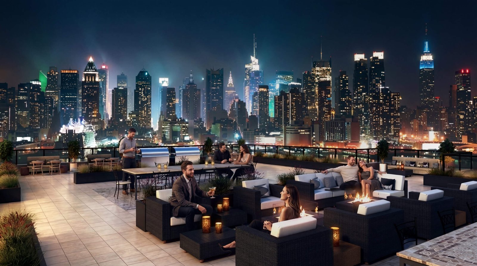 Luxury rooftop lounge with seating area and panoramic city skyline at night with illuminated skyscrapers