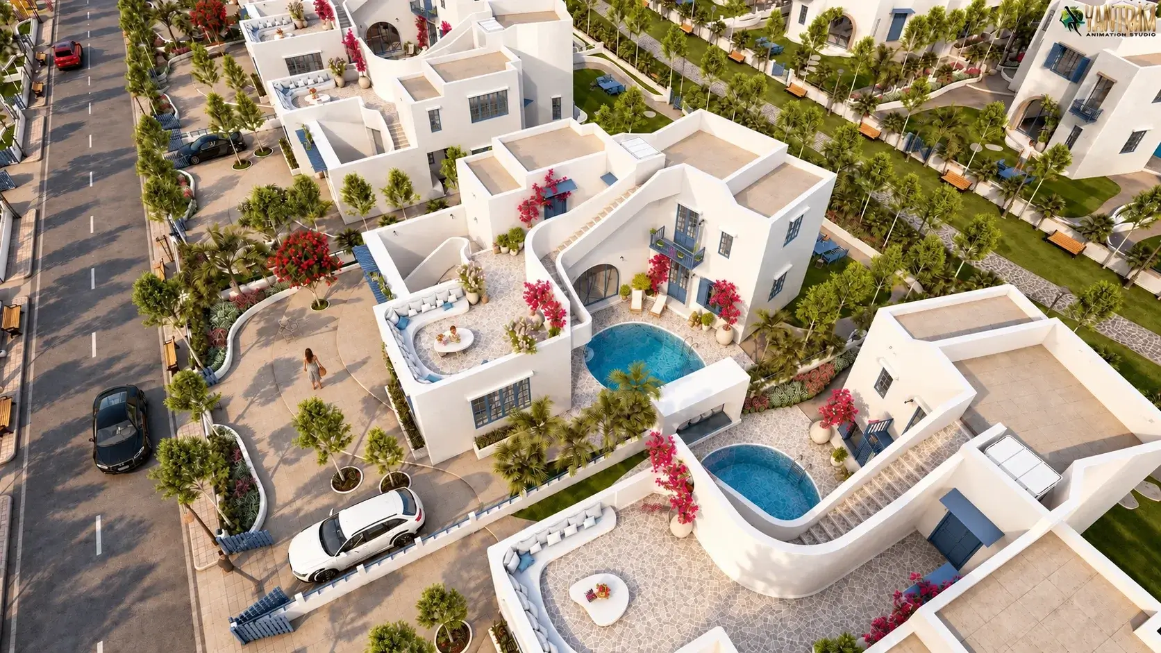 Aerial view of a community of luxury white villas