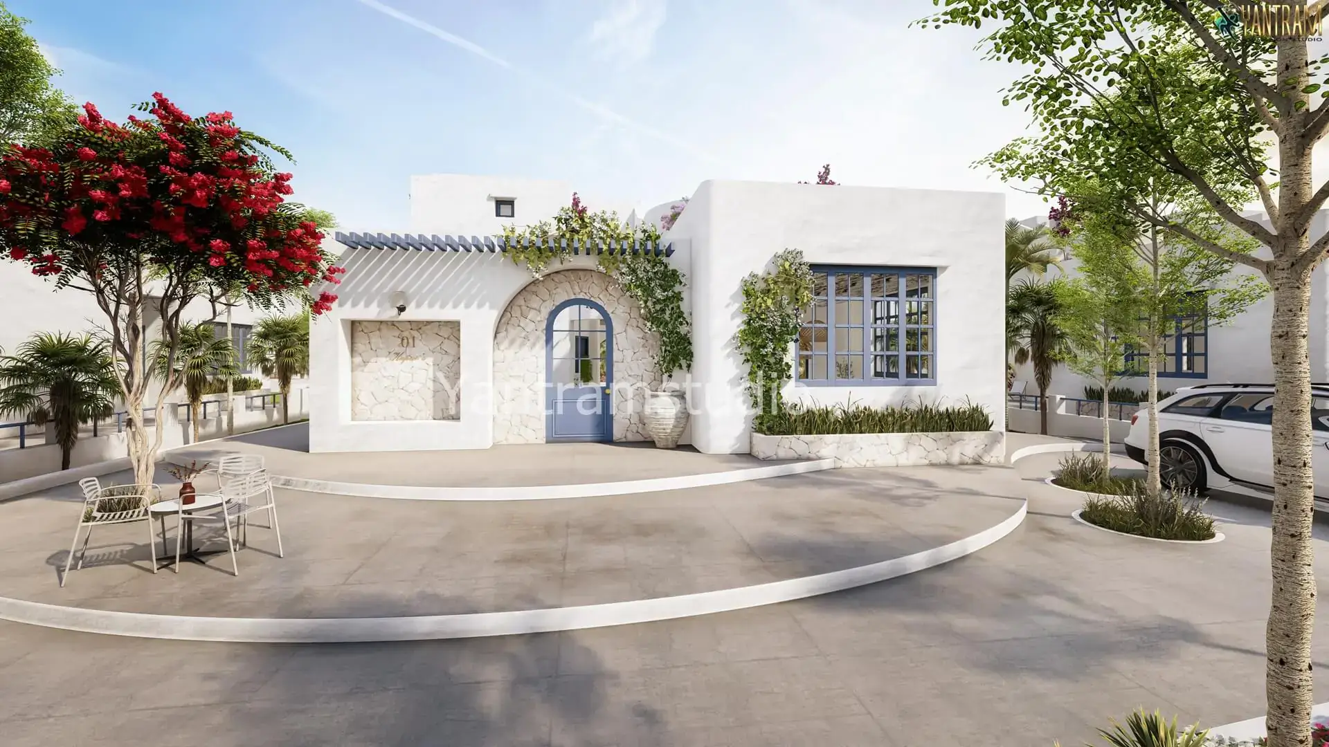 Modern Mediterranean white villa with arched entrance, tiled roof, and landscaped front courtyard