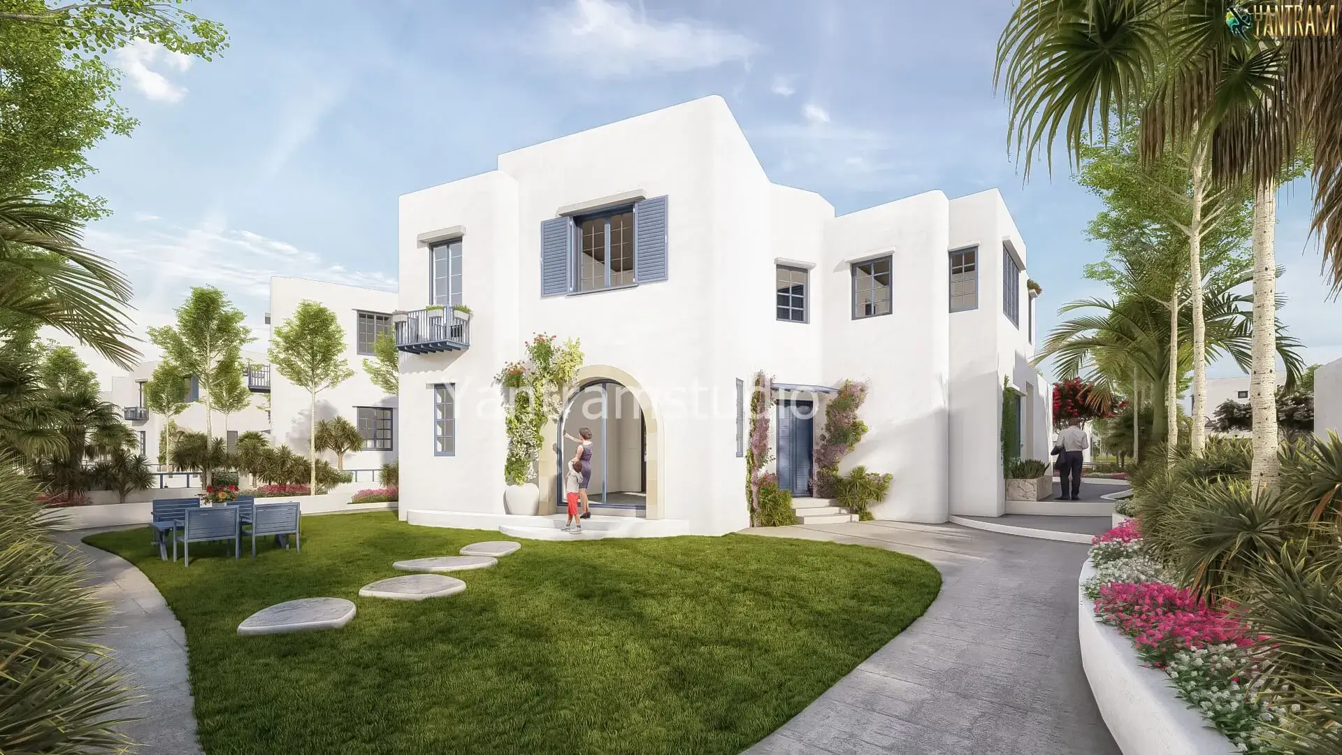 Modern Mediterranean style white villa with landscaped garden, palm trees, and curved pathway-3D architectural visualization by Yantram Studio