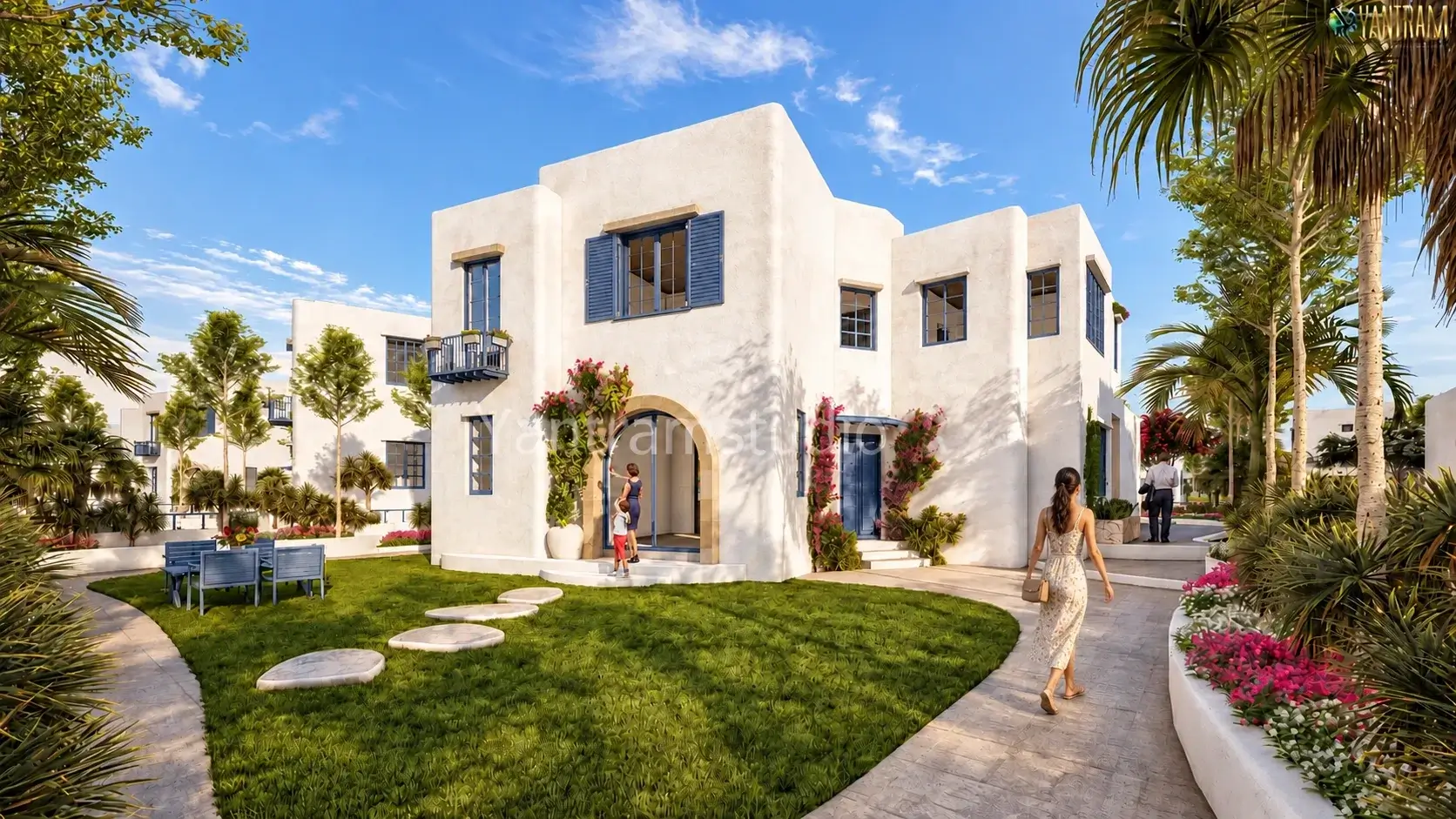 Front elevation of a luxury villa with landscaped garden — Photorealistic Architectural Design Ukraine