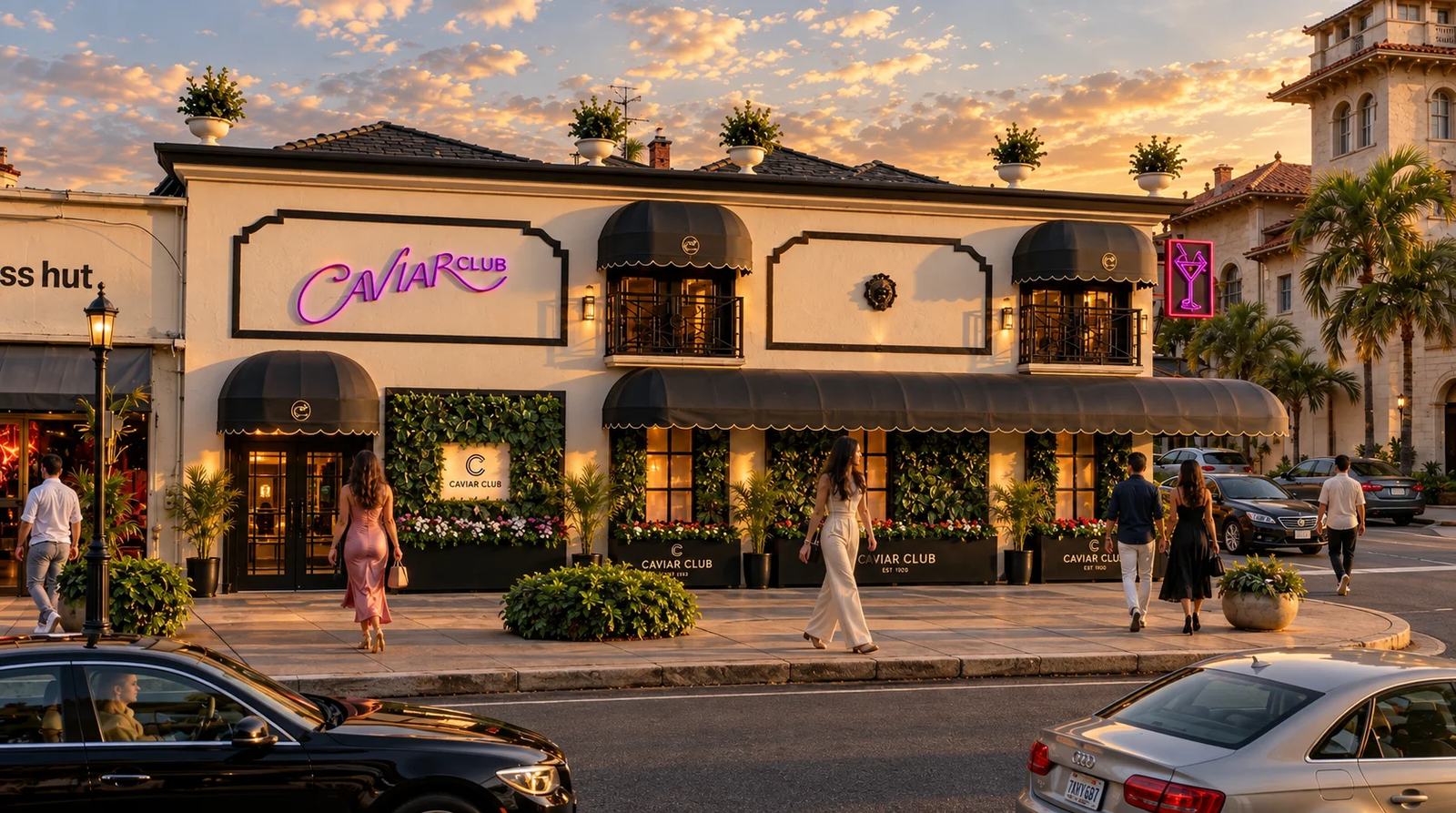 Another angle of the modern commercial building with vibrant signage.