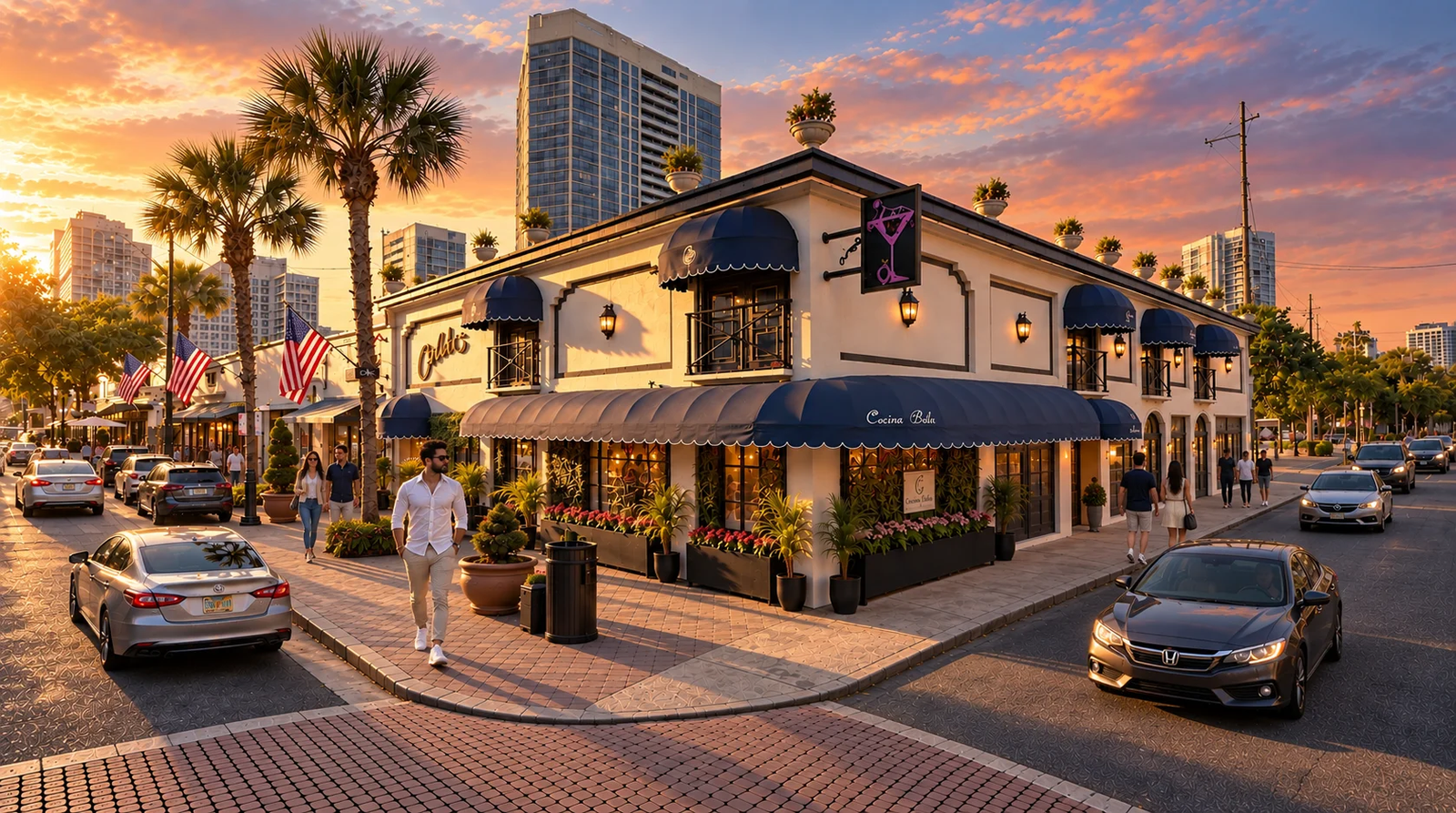 A modern commercial building with outdoor seating and palm trees at sunset.