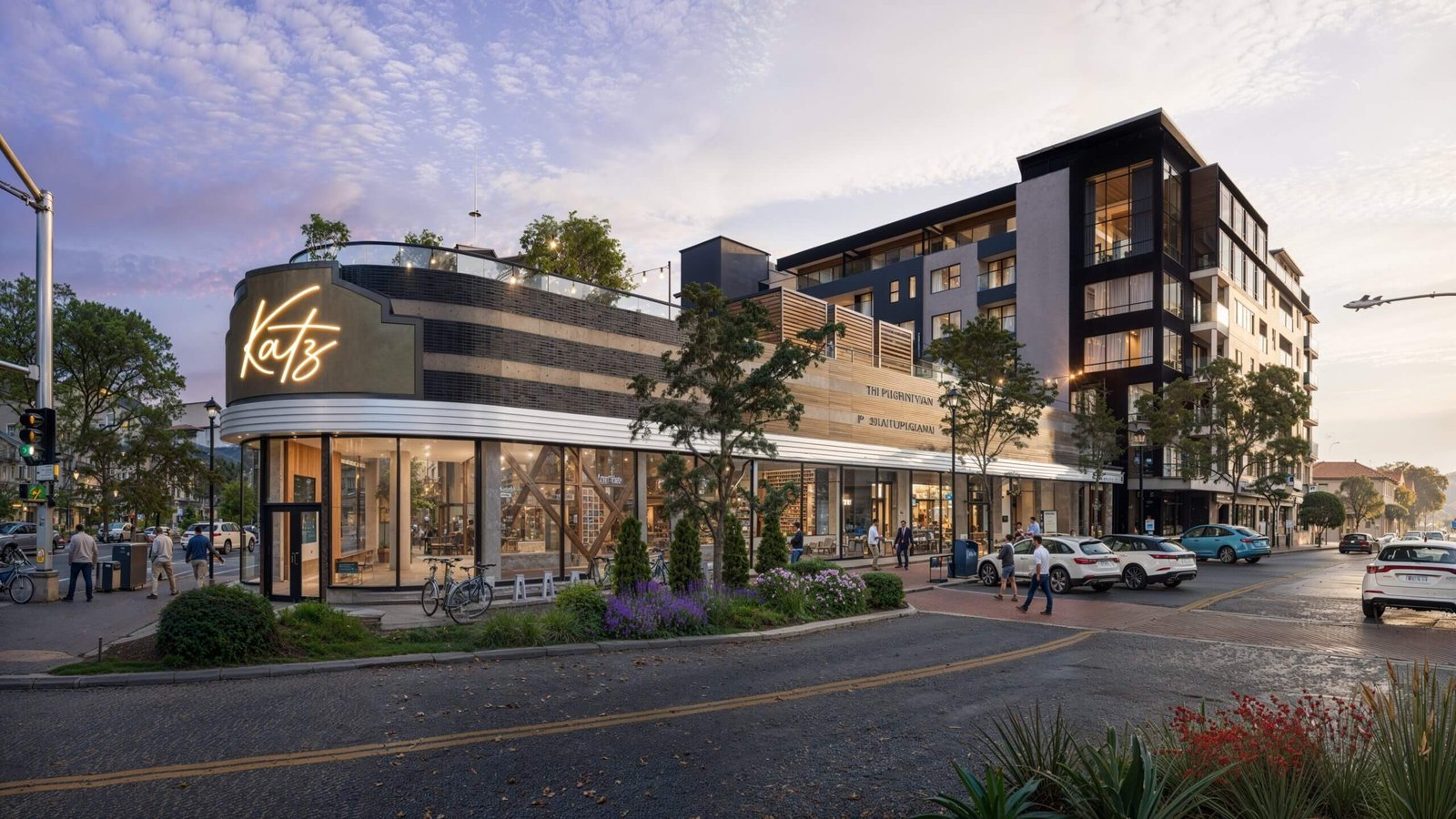 Photorealistic 3D exterior rendering of a modern mixed-use apartment building with ground floor retail shops, corner street view, landscaping, parked cars, and pedestrians in an urban neighborhood.