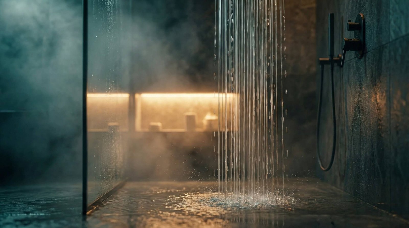 Modern walk-in shower with rainfall water stream, glass partition, and warm ambient lighting in a luxury spa-style bathroom.