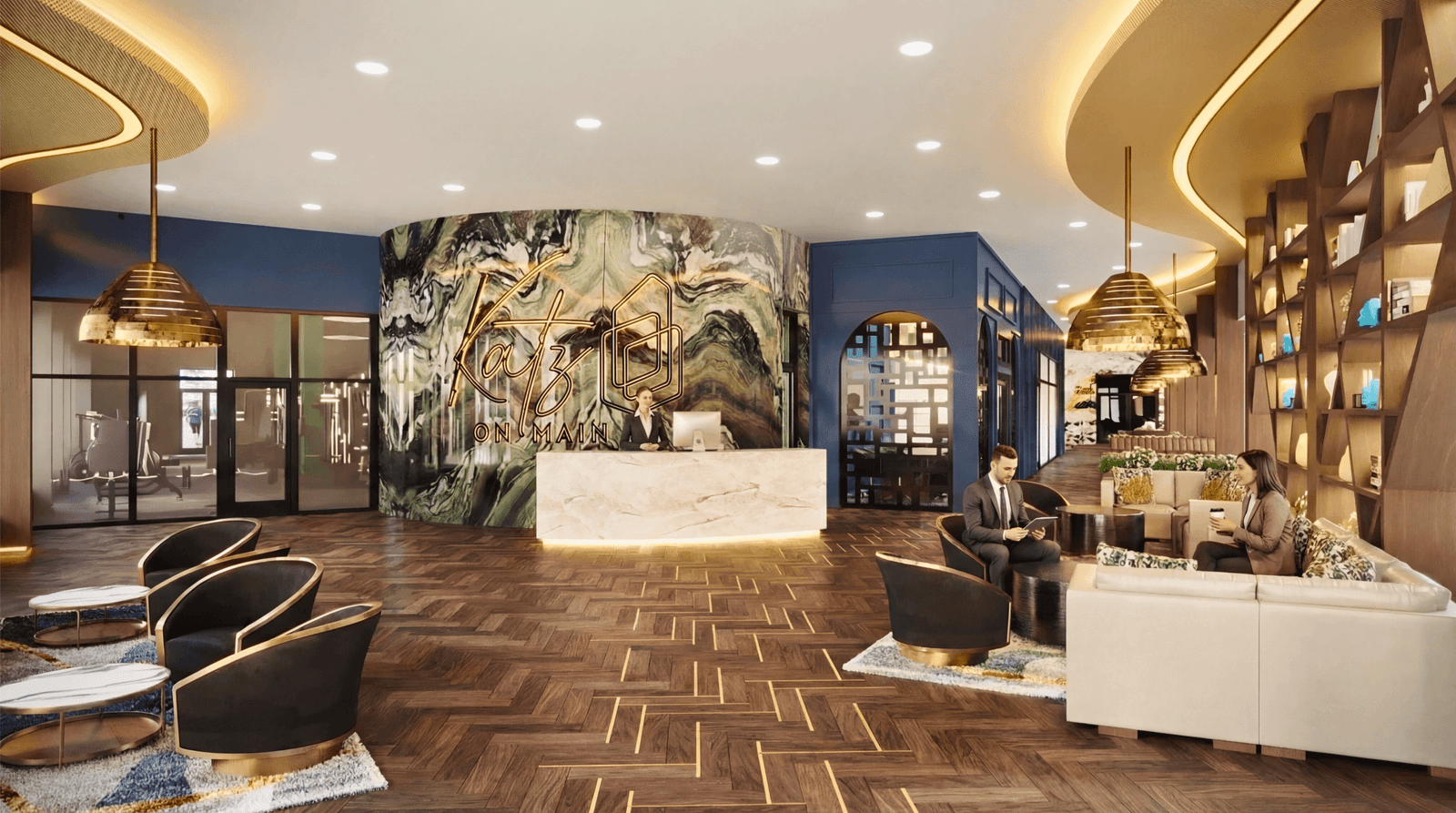 Luxury Corporate Lobby Interior Design Rendering | Modern Reception & Lounge Visualization by Yantram Studio Photorealistic 3D rendering of a luxury corporate lobby interior with marble reception desk, modern lounge seating, decorative shelving, warm ambient lighting, and elegant wall feature.