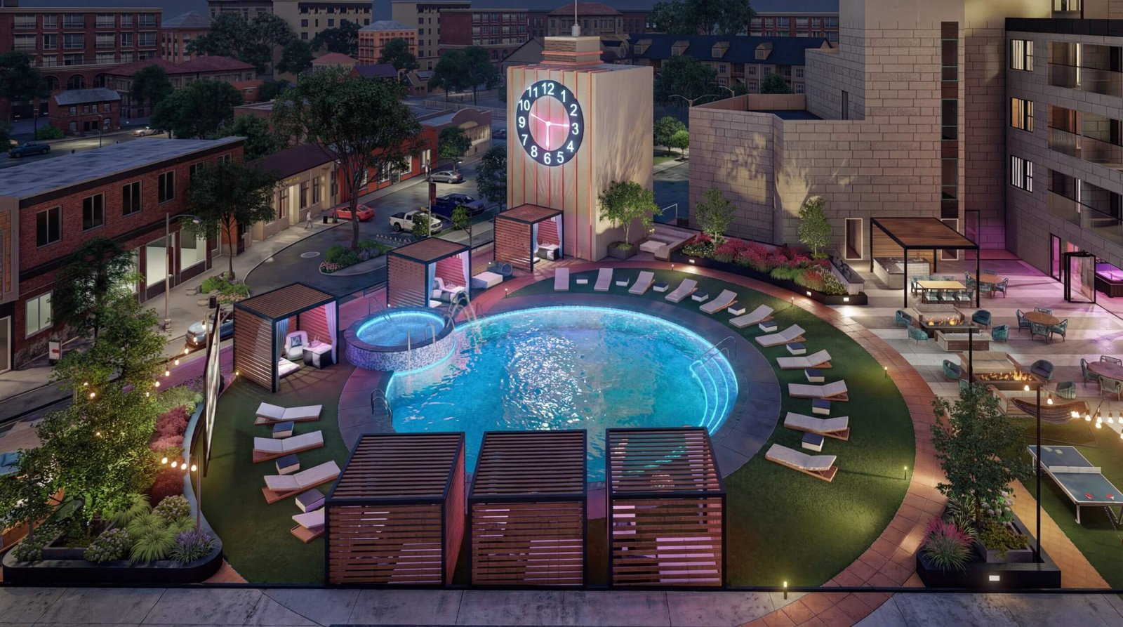 Luxury Rooftop Pool & Outdoor Amenity Deck Rendering | Modern Residential Landscape Visualization by Yantram Studio Photorealistic 3D rendering of a luxury rooftop swimming pool with lounge chairs, private cabanas, landscaped garden areas, outdoor seating zones, and ambient night lighting in a modern residential complex.