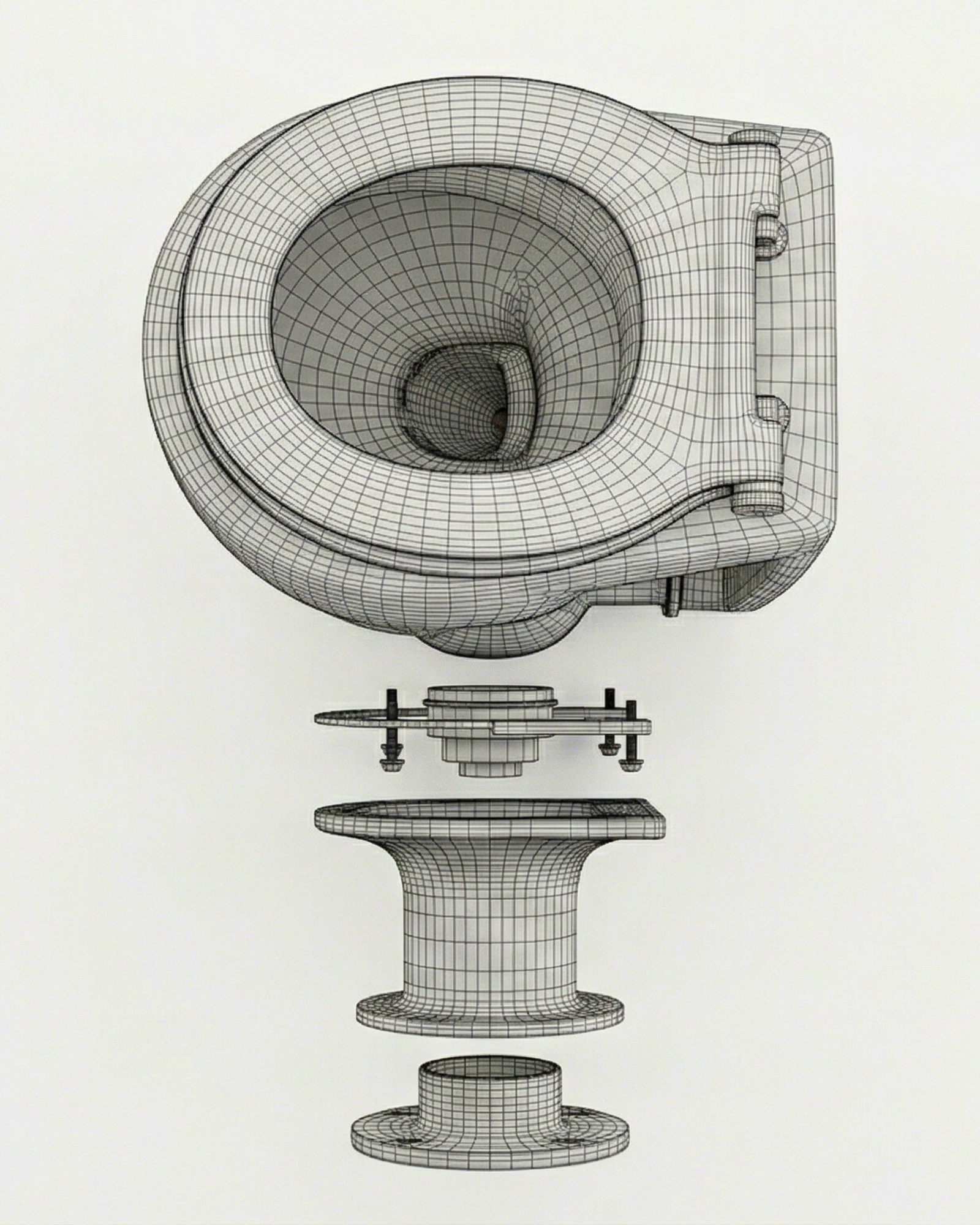 Wireframe exploded view of wall-hung toilet showing internal cistern components, valve cartridge and mounting structure separated in 3D space