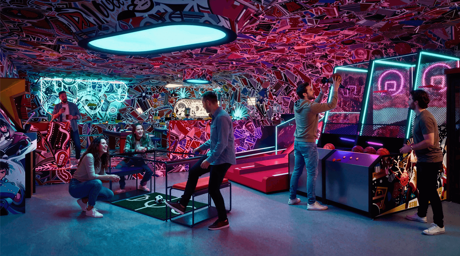 Photorealistic 3D gaming lounge interior rendering with neon lighting, graffiti-inspired walls, and interactive entertainment zones in Los Angeles, USA.