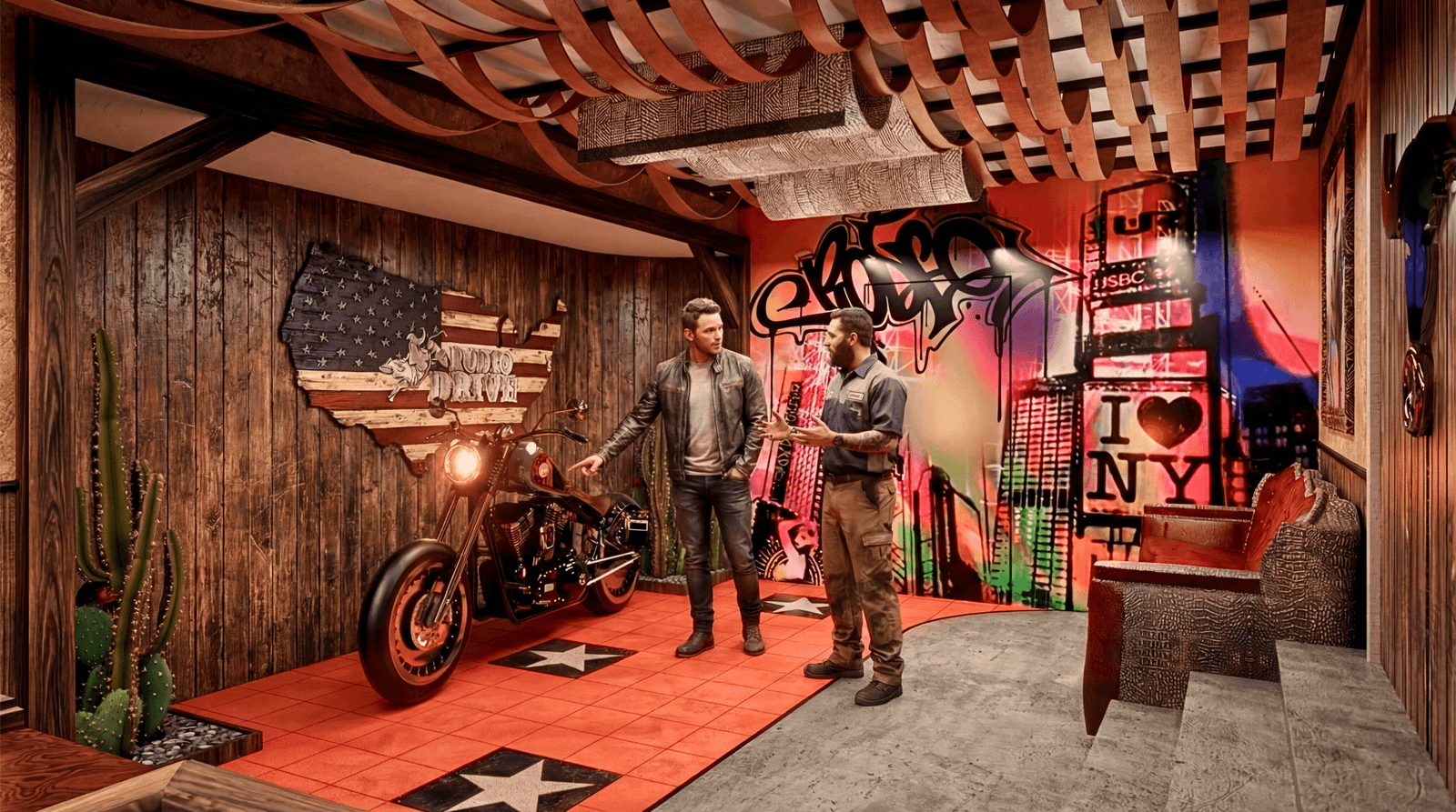 Photorealistic industrial biker lounge interior rendering with motorcycle display, graffiti wall art, rustic wood finishes, and urban décor in Los Angeles, USA.