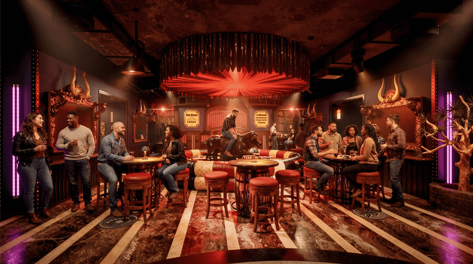 Photorealistic industrial luxe bar and arcade interior rendering with warm lighting, premium seating, and entertainment zones in Los Angeles, USA.