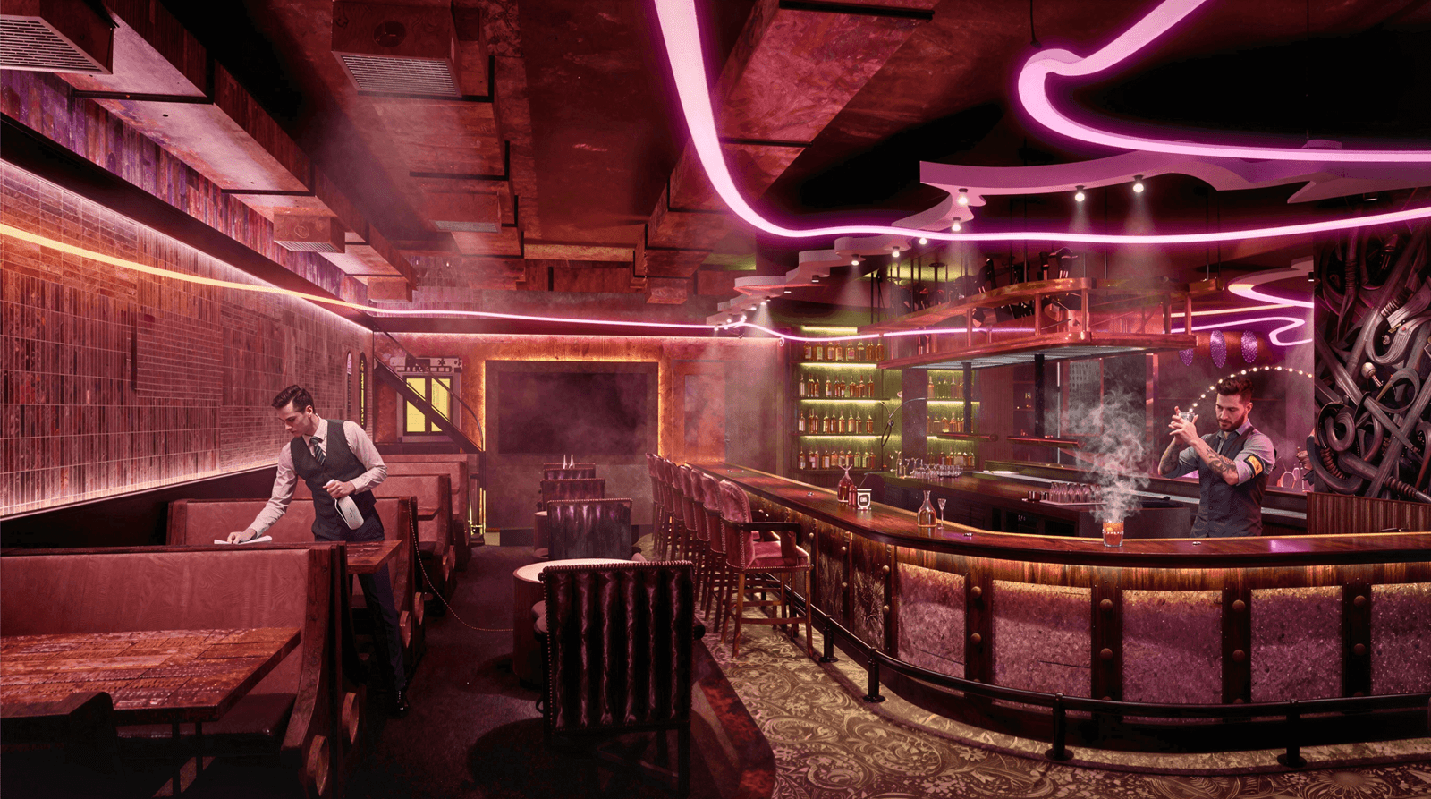 Photorealistic luxury bar interior rendering with neon ceiling lighting, premium seating, and elegant bar design in Los Angeles, USA.
