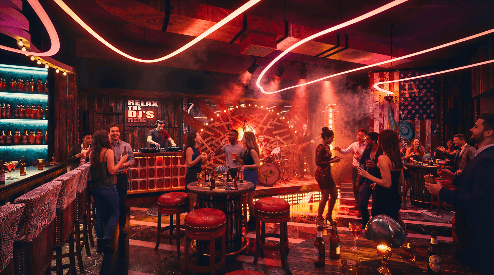 YantramStudio night club interior rendering showcasing neon ceiling lighting, luxury bar seating, DJ stage, and vibrant nightlife atmosphere.
