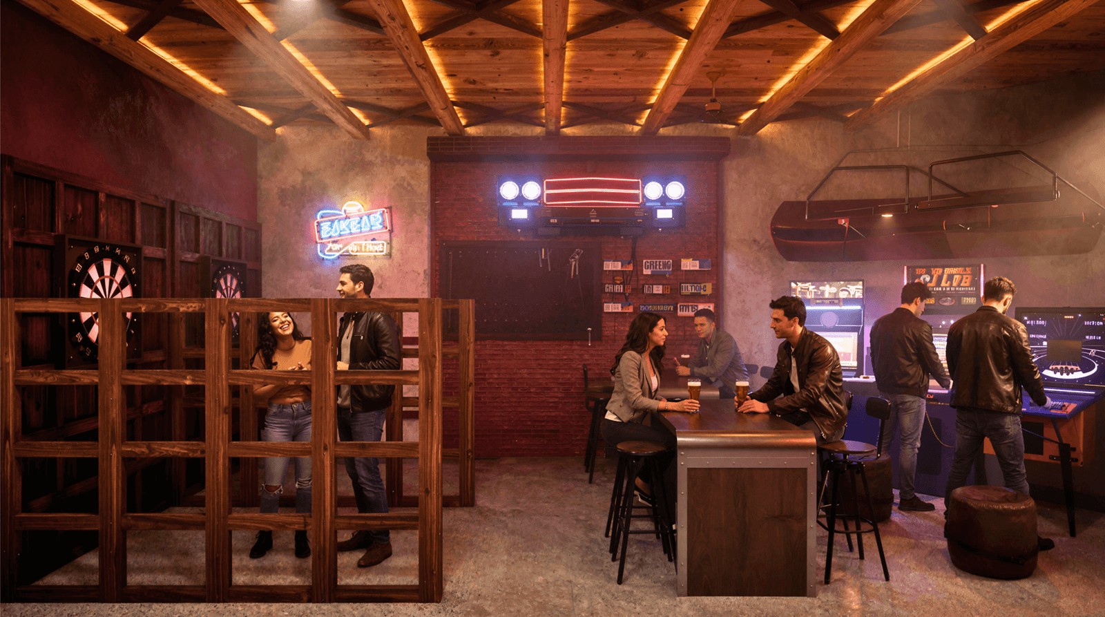 Photorealistic themed lounge interior rendering with arcade gaming, warm wood ceilings, neon accents, and social seating in Los Angeles, USA.