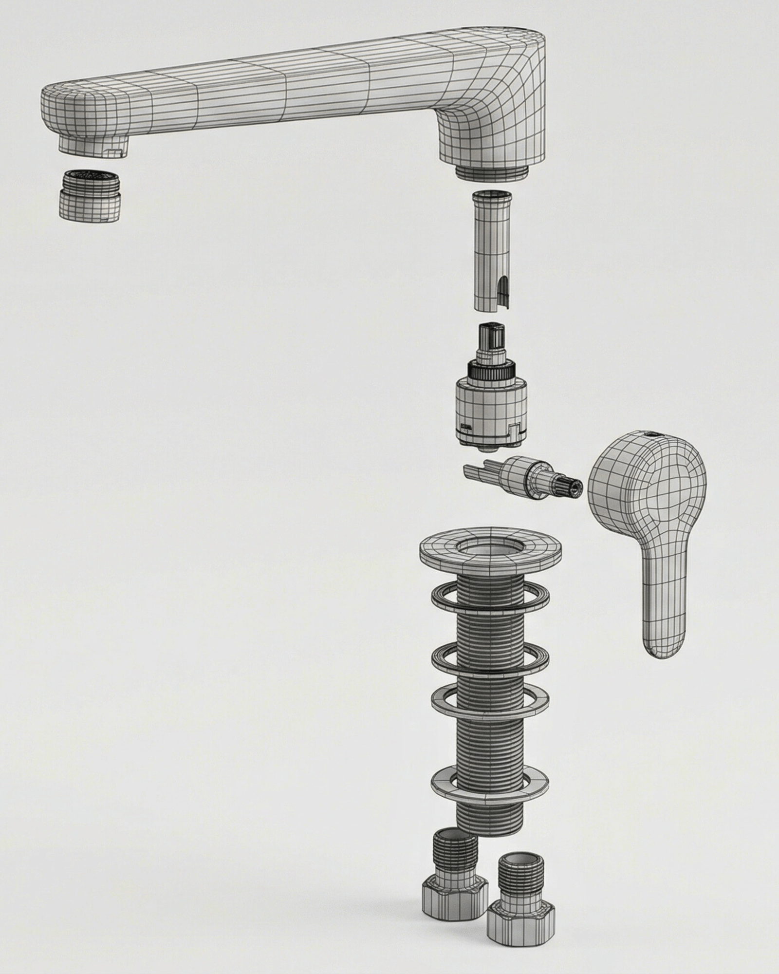 3D Wireframe Faucet Model – Exploded View Wireframe 3D model of a disassembled faucet showing all components.