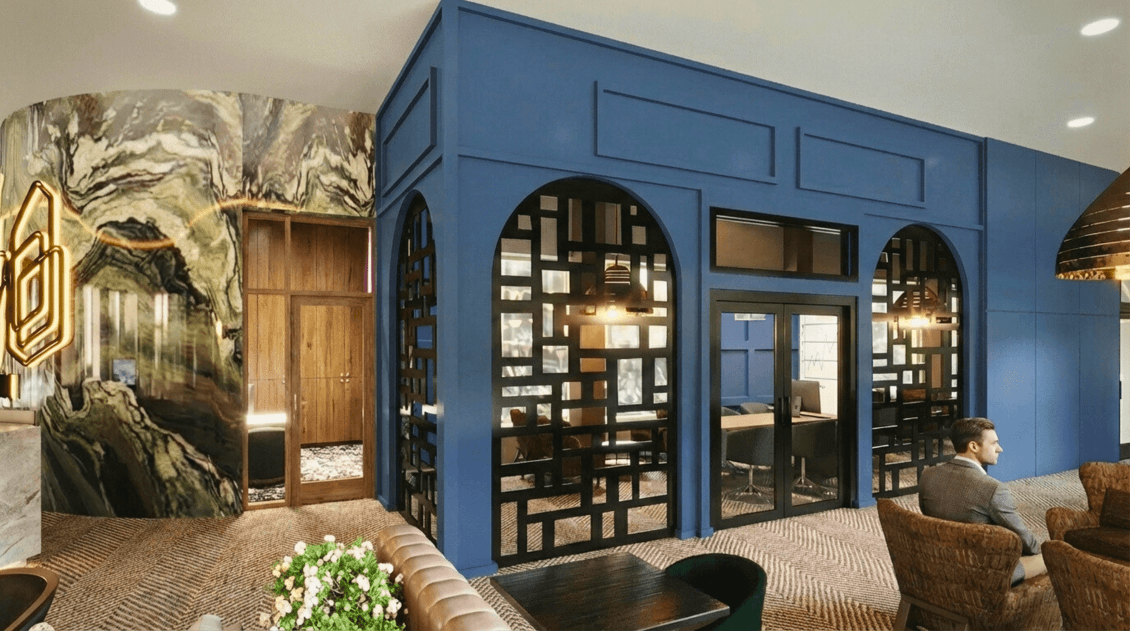 Luxury Office Lounge & Meeting Room Interior Rendering | Modern Corporate Workspace Visualization by Yantram Studio Photorealistic 3D rendering of a luxury corporate office lounge with blue architectural paneling, glass meeting rooms, marble feature wall, modern seating, and warm ambient lighting.