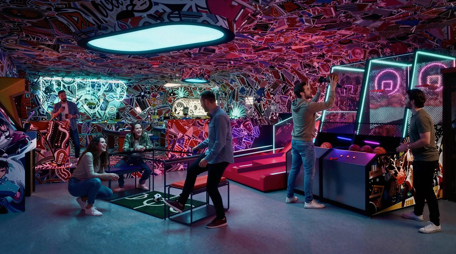 Futuristic arcade entertainment zone with neon lighting, interactive games, basketball arcade machines, and people enjoying a vibrant gaming environment – 3D exterior rendering by Yantram Studio