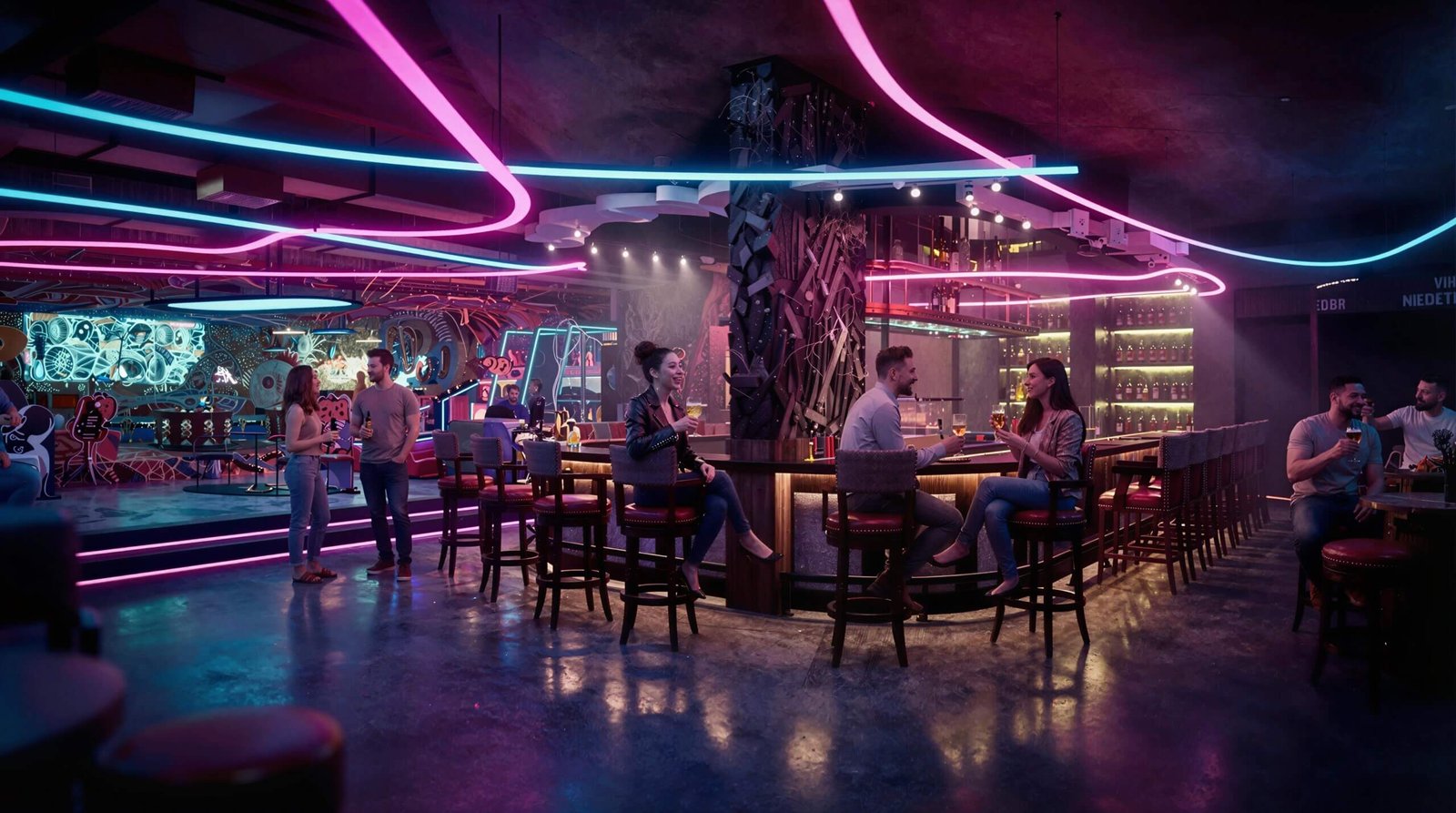 Futuristic neon nightclub bar in Los Angeles with vibrant lighting