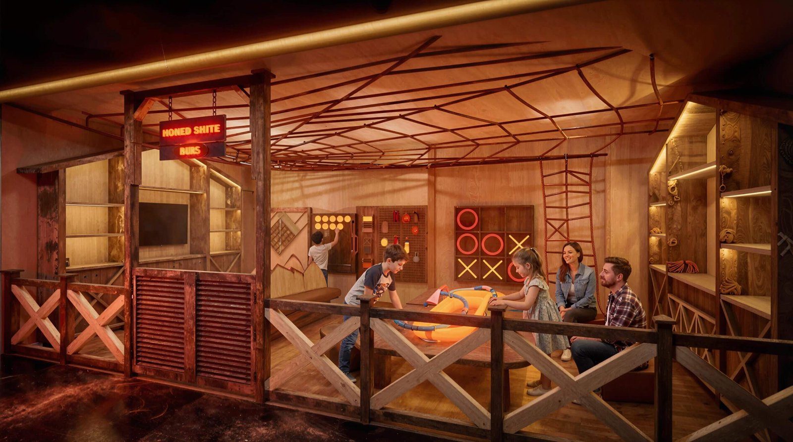 Indoor kids play area with wooden theme, interactive games, neon tic-tac-toe wall, and family enjoying activities in a modern recreational space – 3D architectural visualization by Yantram Studio