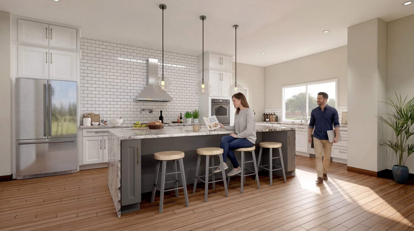 Modern white kitchen interior with marble island, bar stools, pendant lights, and couple in a bright open-plan home setting by Yantram Studio