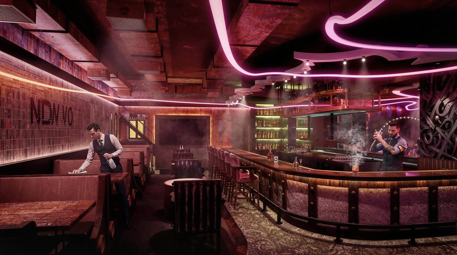 Luxury bar interior with neon lighting, curved wooden bar counter, bartender preparing drinks, and stylish seating in a modern nightclub setting. 