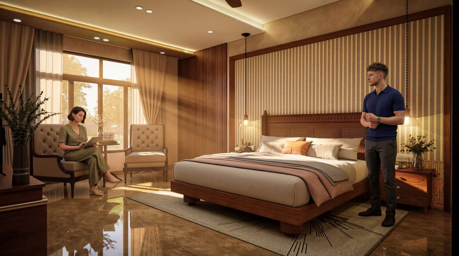 Luxury bedroom with warm wood accents, tufted headboard, and ambient bedside lighting