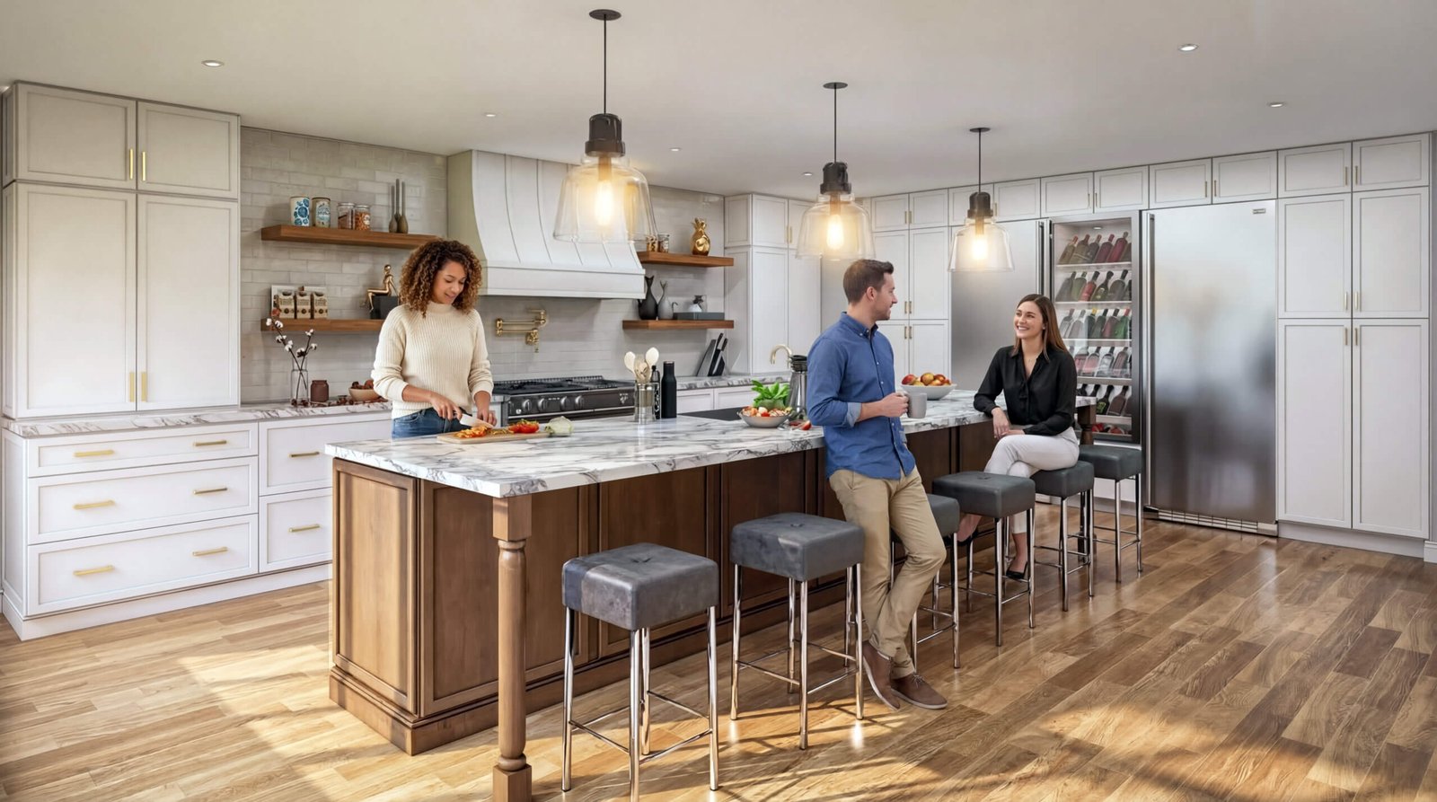 Luxury modern kitchen with marble island, pendant lighting, bar stools, and people interacting in a bright contemporary home interior  by Yantram Studio