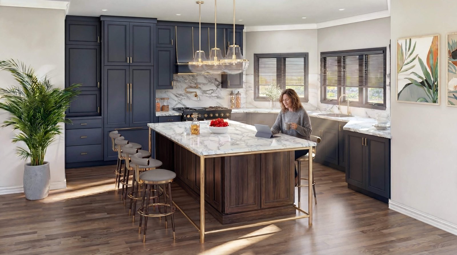 Modern luxury villa kitchen with navy blue cabinetry and marble island in Austin