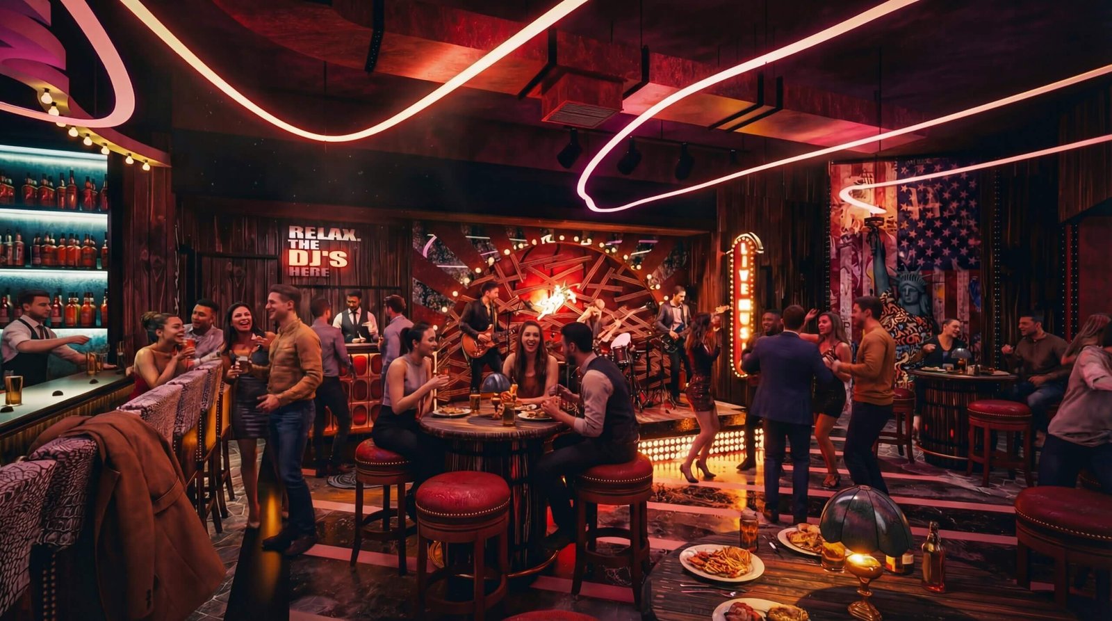 Luxury nightclub interior with live music performance, neon lighting, bar seating, and people dancing and socializing in a vibrant entertainment space – 3D architectural visualization by Yantram Studio