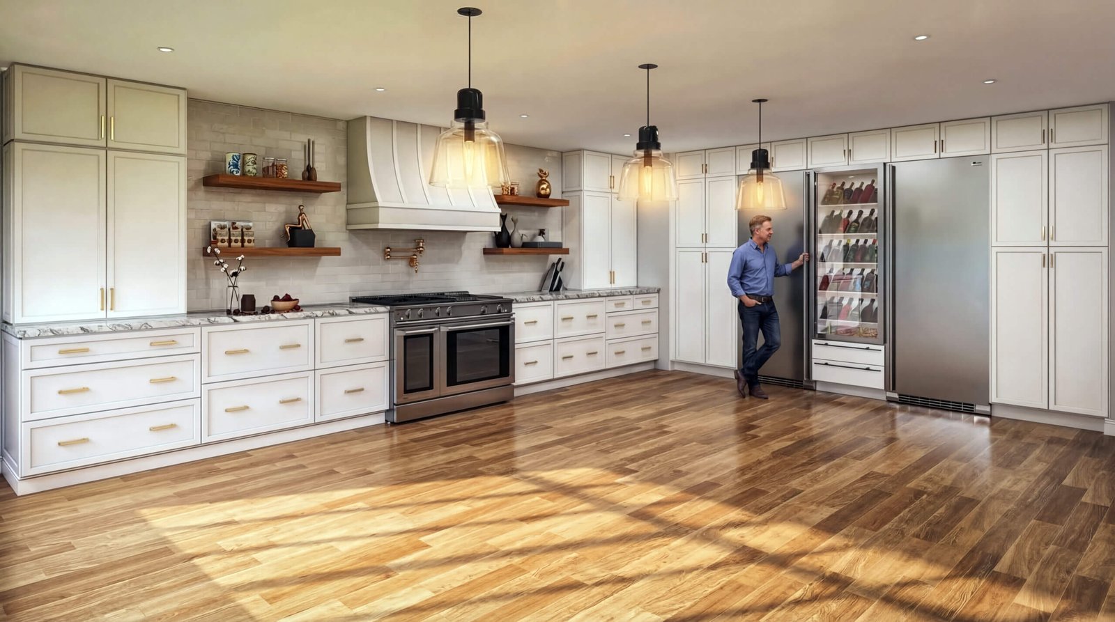 Luxury white kitchen interior with custom cabinetry, wooden flooring, stainless steel appliances, and built-in wine refrigerator in modern home