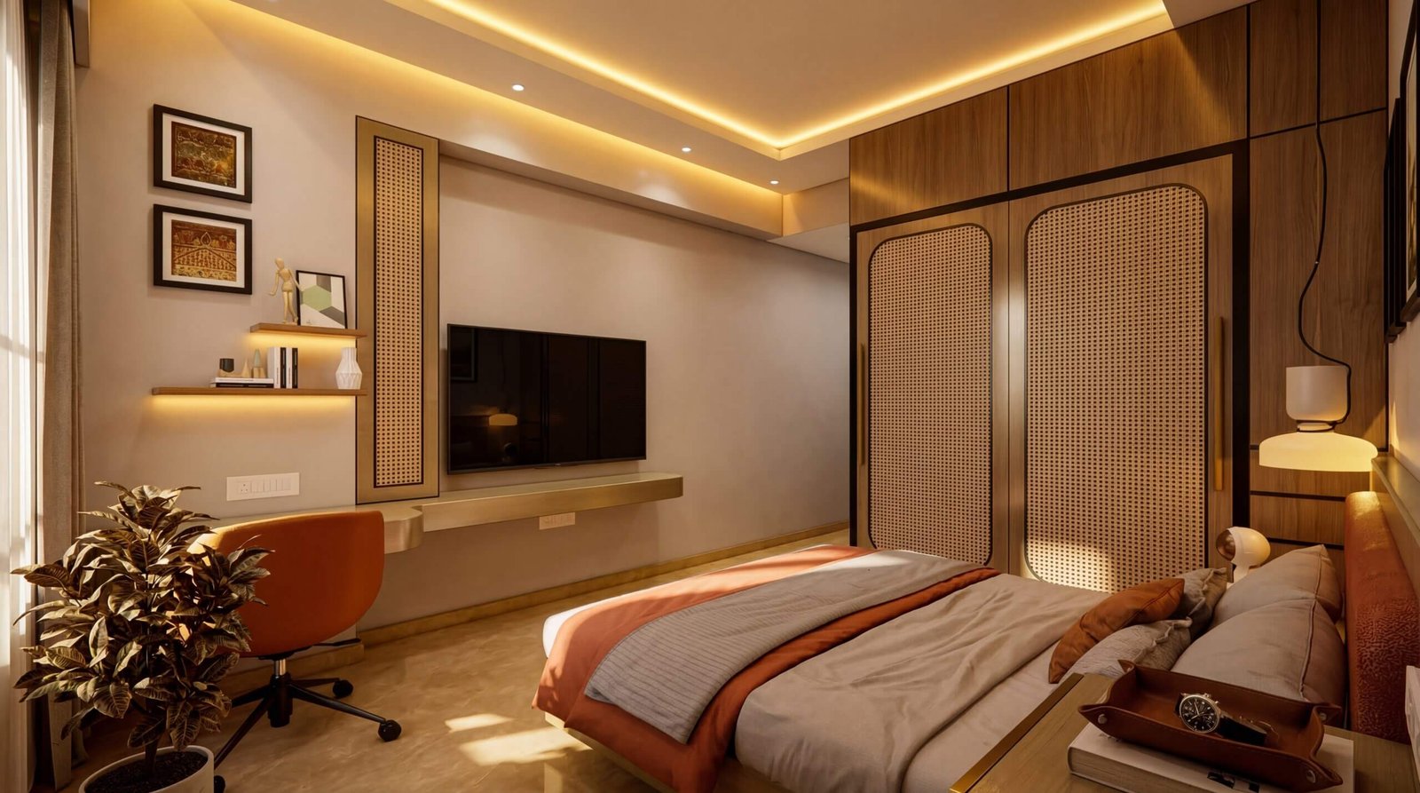 Modern bedroom interior with wooden wardrobe, wall-mounted TV unit, warm ambient lighting, and stylish furniture in a luxury residential space – 3D visualization  by Yantram Studio