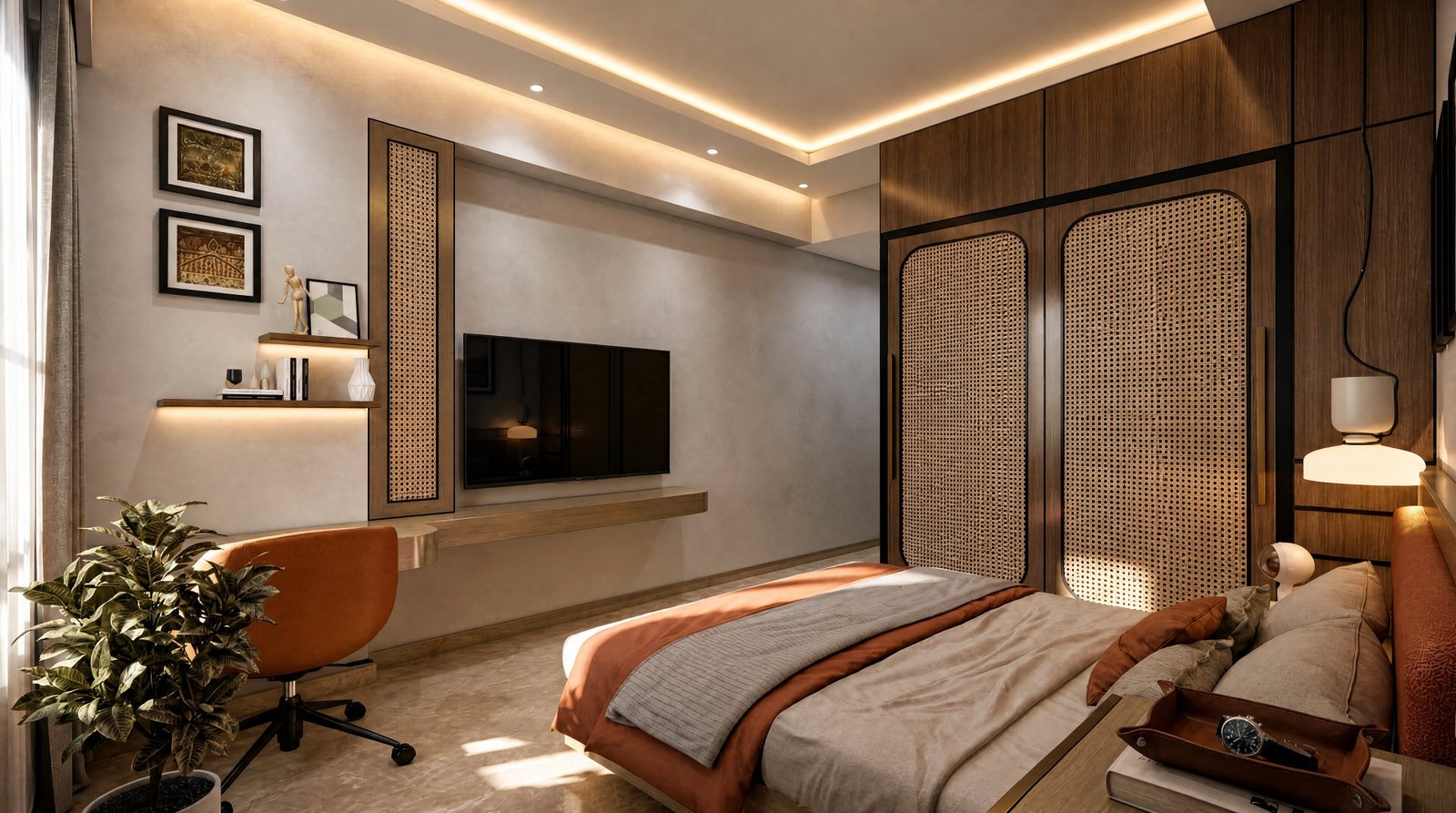 Bedroom interior with integrated desk unit and woven cane wardrobe