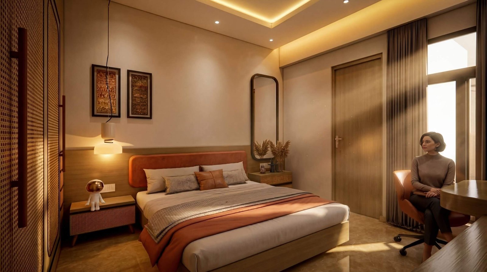 Modern cozy bedroom interior with warm lighting, wooden furniture, soft bedding, and a woman sitting near a window in a stylish residential space – 3D rendering by Yantram Studio