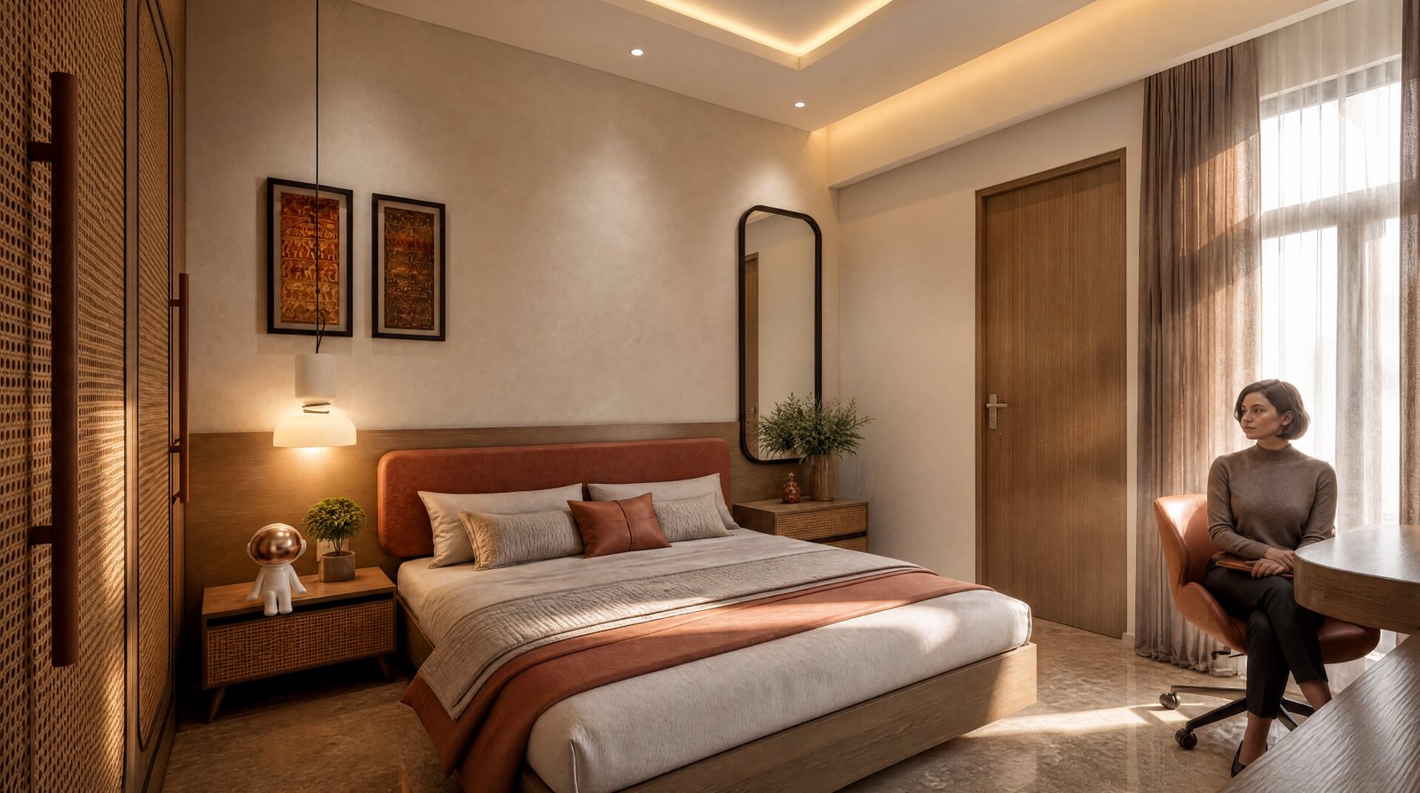 Modern cozy bedroom with terracotta headboard and cane wardrobe