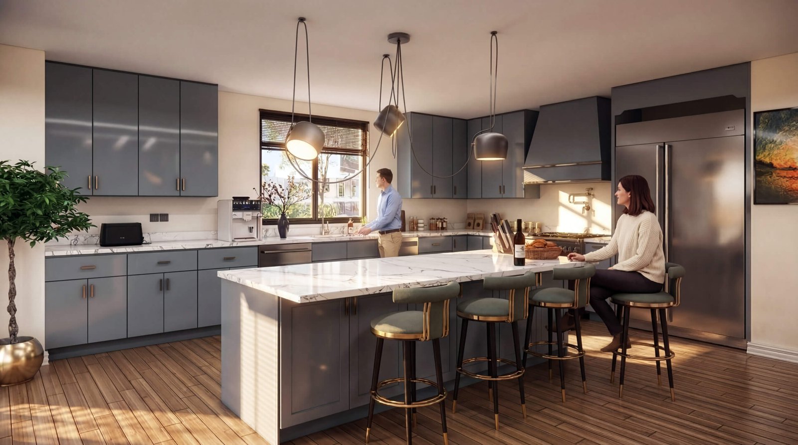 Modern grey kitchen interior with marble island, pendant lighting, bar stools, and couple in a contemporary open-plan home– 3D rendering by Yantram Studio