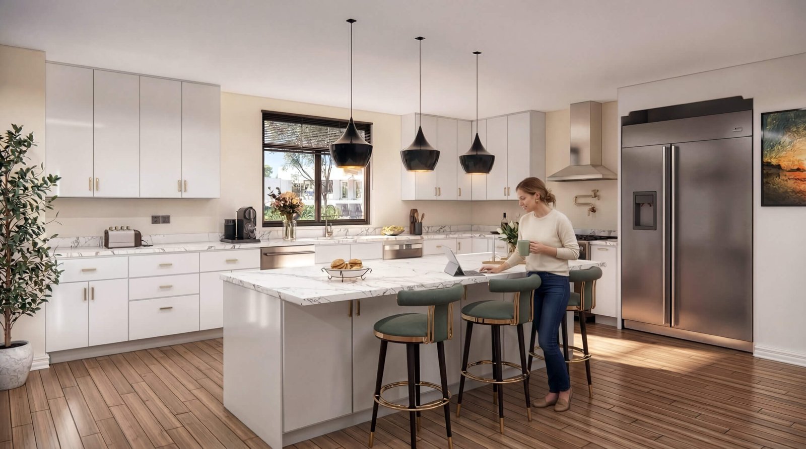 Modern white kitchen interior with marble island, pendant lights, bar stools, and woman using laptop in a bright contemporary home by Yantram Studio