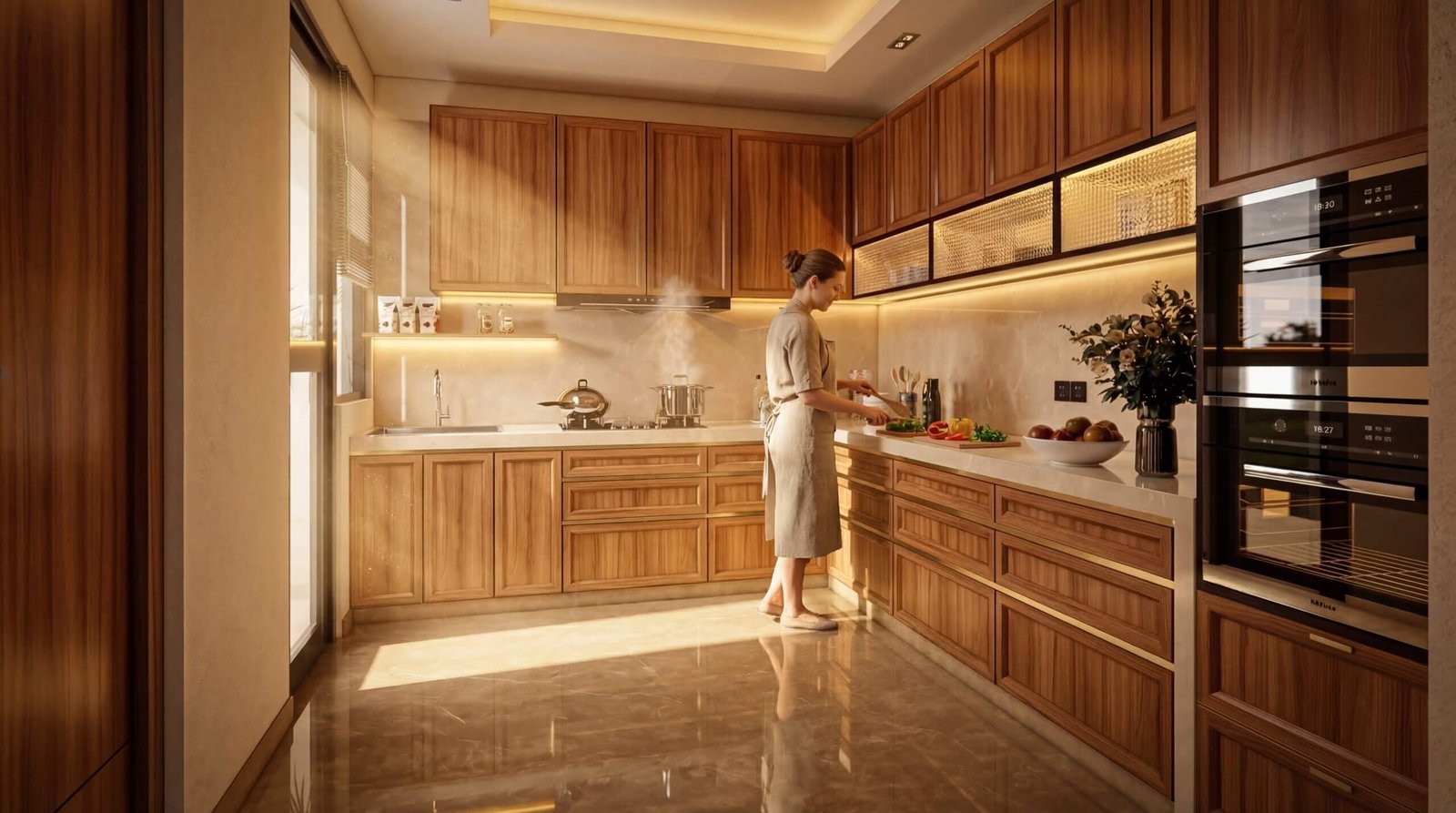 Modern wooden kitchen interior with warm lighting, built-in appliances, and a woman preparing food in a luxury residential space – 3D architectural visualization by Yantram Studio