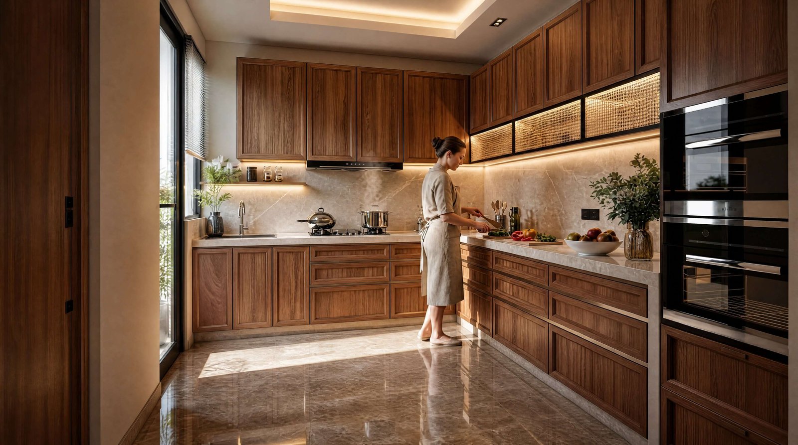 Modern wooden kitchen interior 3D rendering