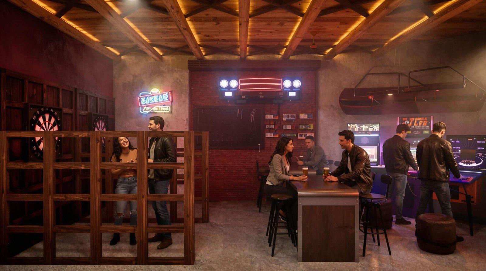 Retro arcade bar interior with neon signs, dartboard, arcade machines, wooden decor, and people socializing in a vintage gaming lounge – 3D architectural visualization by Yantram Studio
