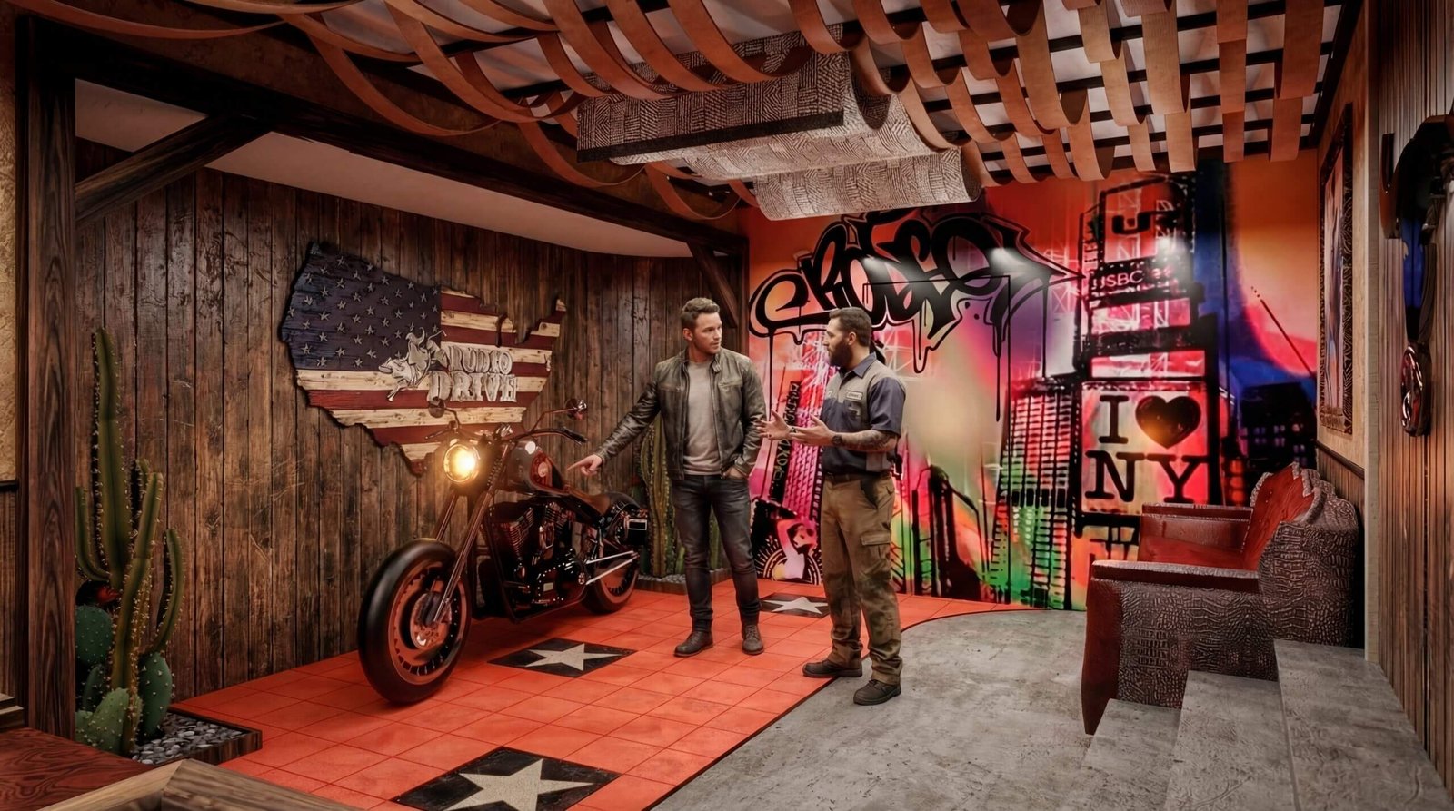 Urban biker garage interior with custom motorcycle, graffiti wall art, wooden paneling, and two men discussing in a stylish industrial space – 3D rendering by Yantram Studio