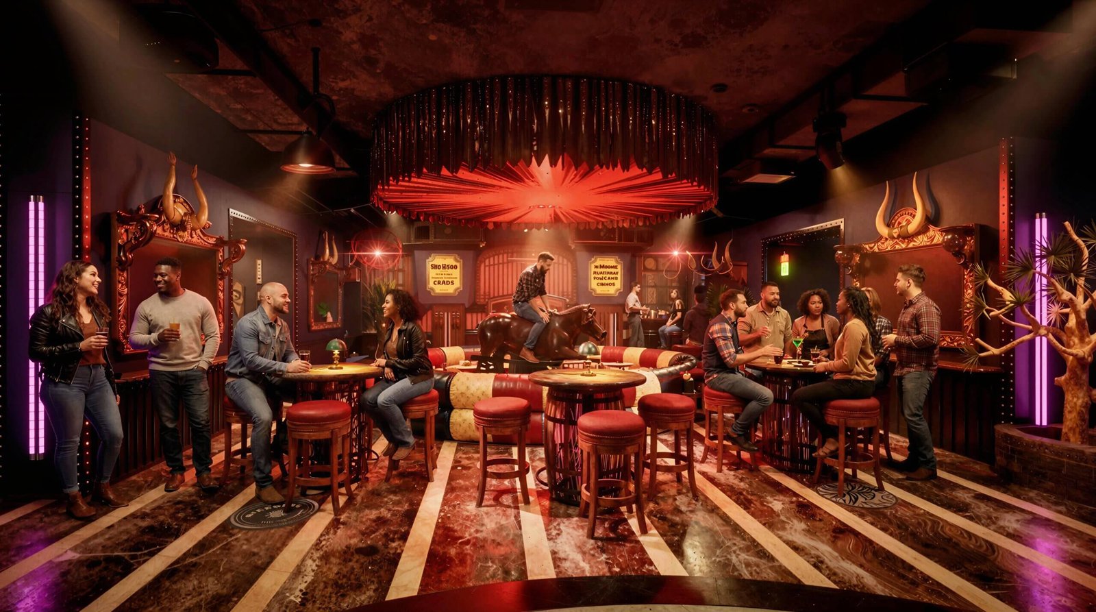 Western-themed bar interior with mechanical bull riding, neon lighting, wooden decor, and people socializing in a lively nightlife setting – 3D visualization  by Yantram Studio