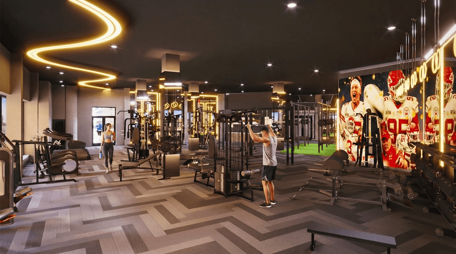 Photorealistic 3D rendering of a luxury modern gym interior with strength training equipment, functional fitness turf zone, neon ceiling lights, and sports-themed wall mural.