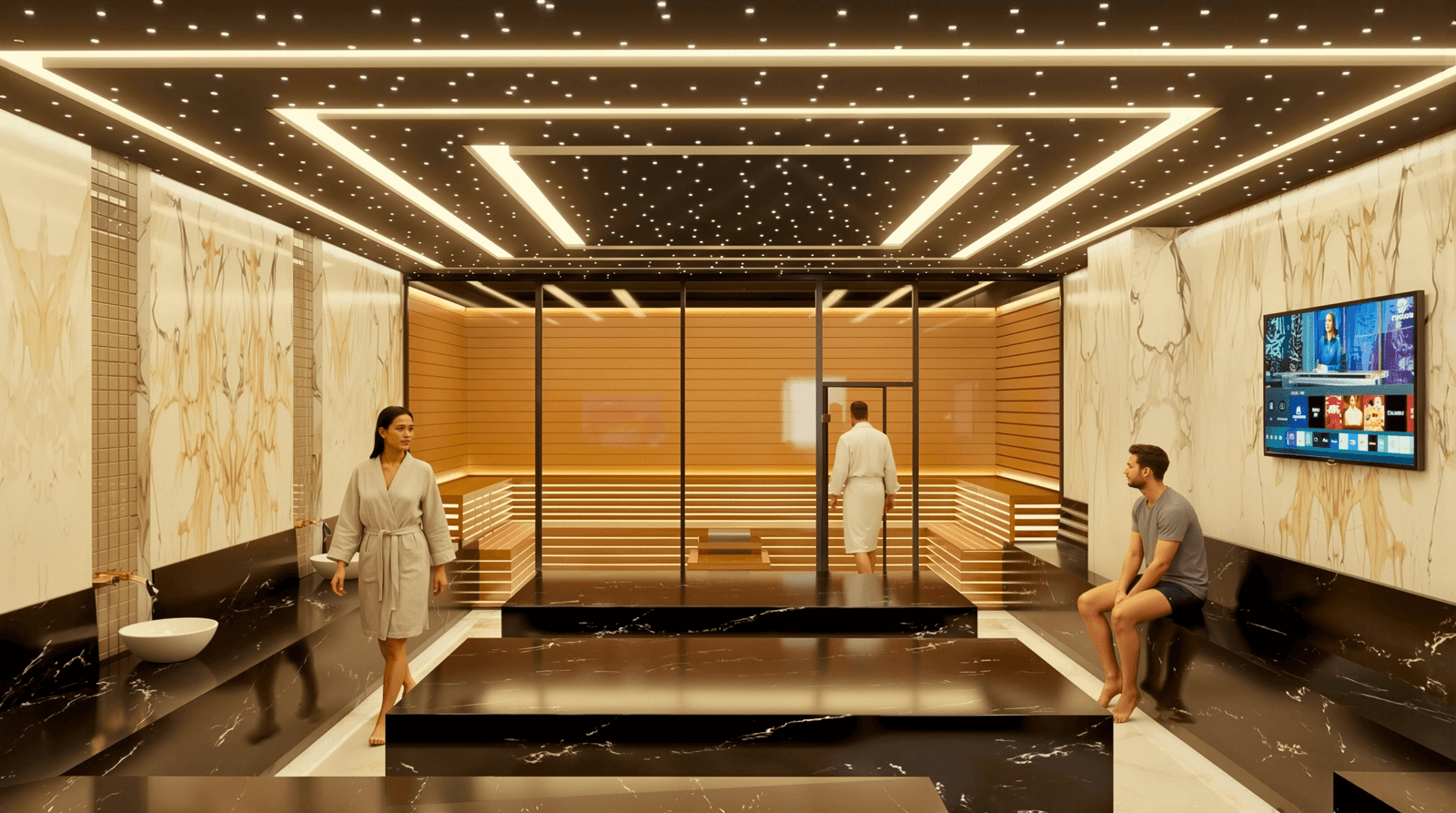Luxury spa bathroom interior 3D rendering with ambient lighting and marble finishes