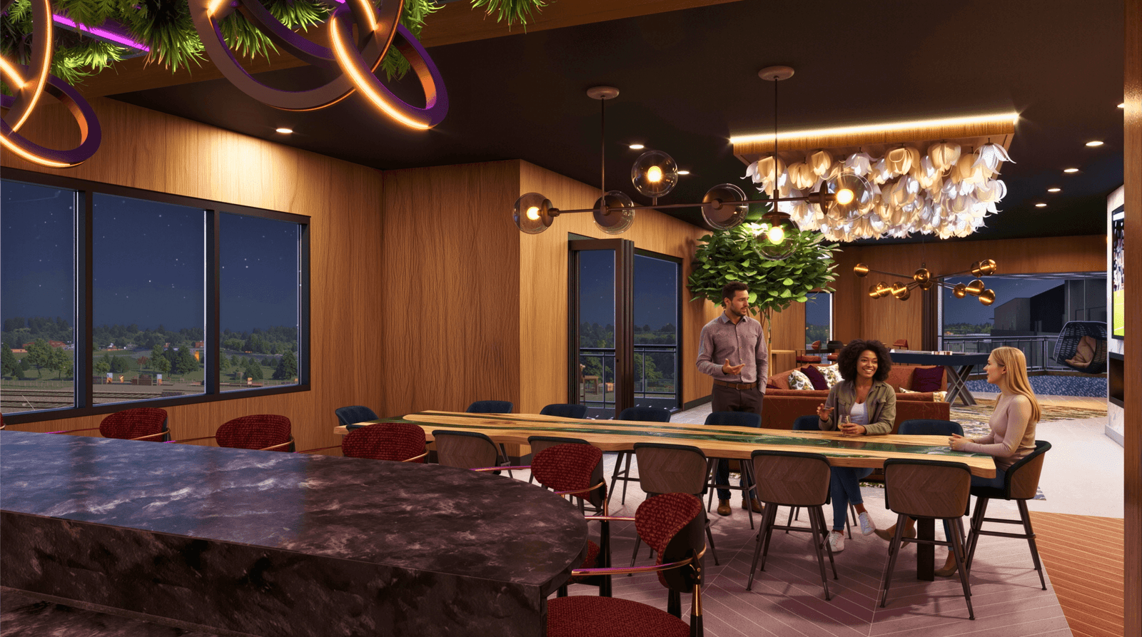 Luxury community lounge interior 3D rendering with modern seating and ambient lighting