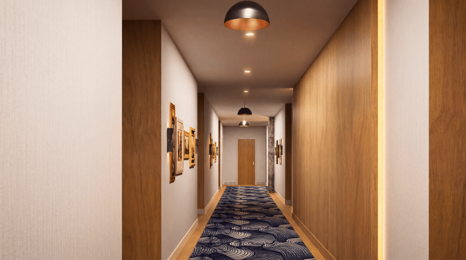 Modern interior corridor 3D rendering with wooden panels and warm lighting