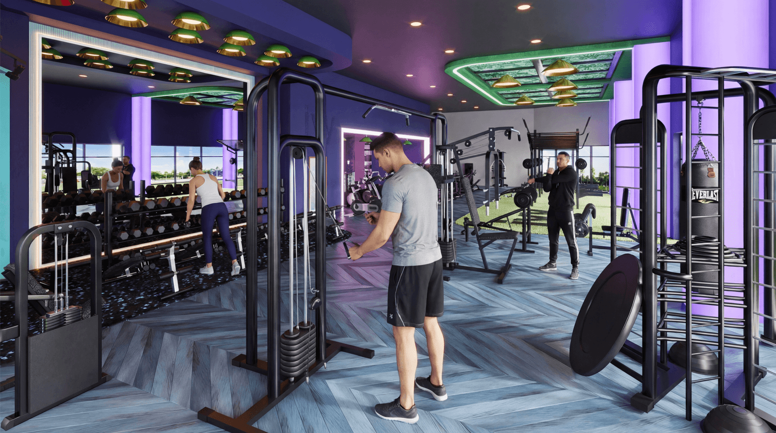 Modern gym interior 3D rendering with fitness equipment and ambient lighting