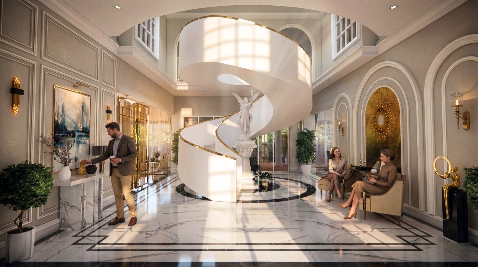 Luxury grand foyer interior with spiral staircase, marble flooring, and elegant seating area.