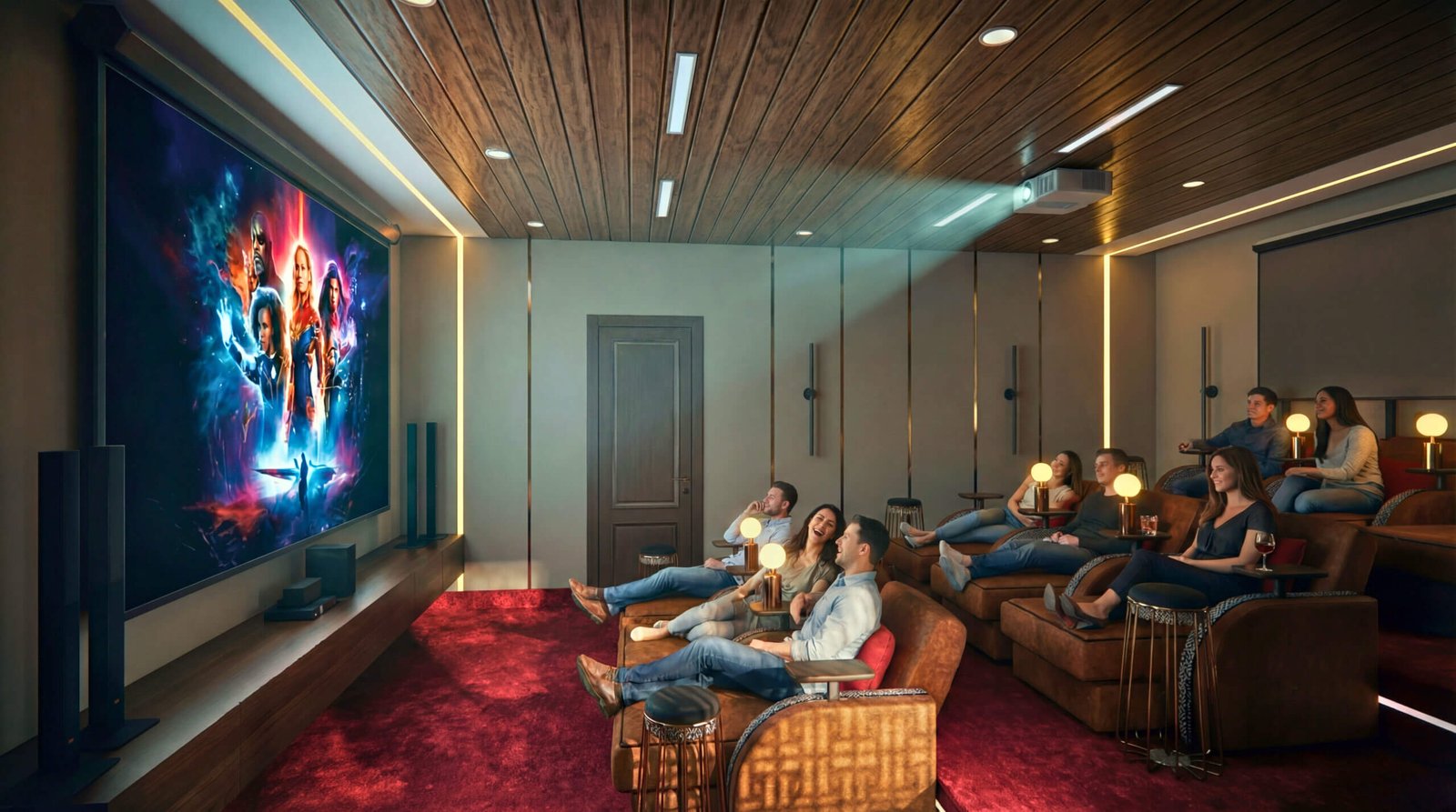 Luxury Home Theater Interior Design Luxury home theater interior with reclining seats, large screen, wood ceiling, and ambient lighting.