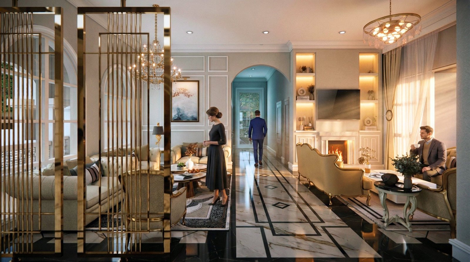 Luxury living room interior with marble flooring, gold partition, fireplace, and elegant seating.